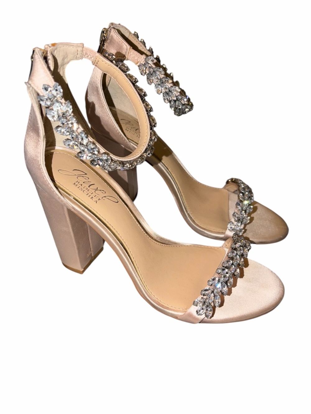 Jewel Badgley Mischka Crystal Satin Block Heel Sandals 6 Blush Bridal Bridesmaid